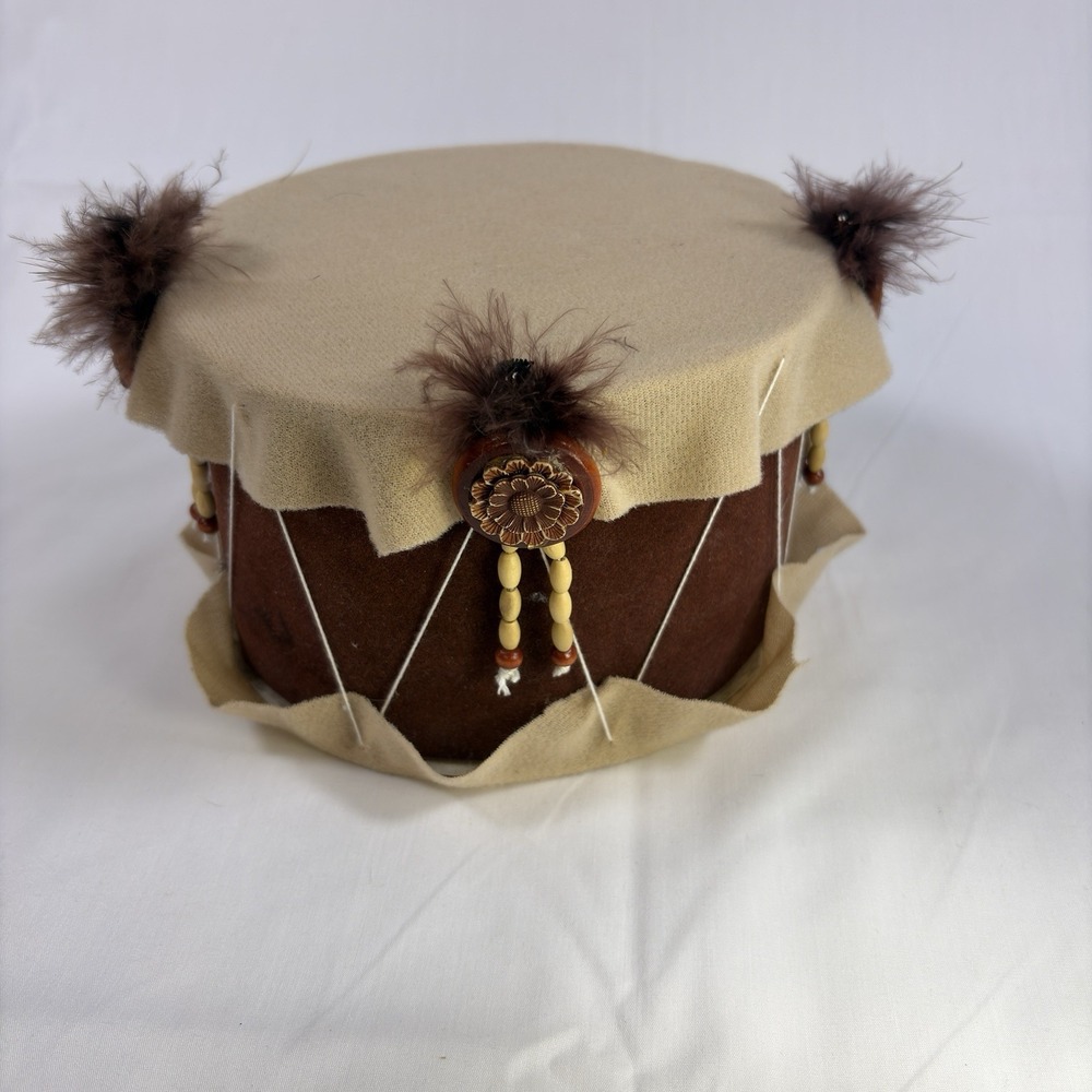 Vintage Native American Style Decorative Drum 7" Beads Feathers Faux Suede